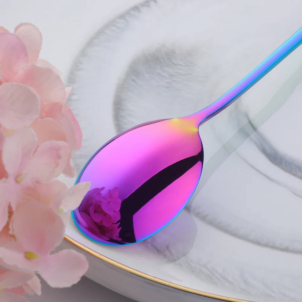 Wholesale Korean Style Titanium Stainless Steel Rice Gold Long Handle Round Soup Spoon