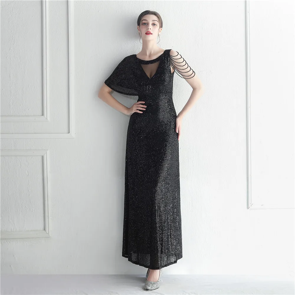 Foreign trade craft nail bead sleeve net gauze perspective bridesmaids etiquette celebration dinner long evening dress