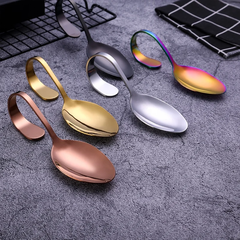 Custom Logo Restaurant Buffet Serving Spoons Stainless Steel Curved Handle Big Spoon Gold Serving Spoon for Dessert Salad
