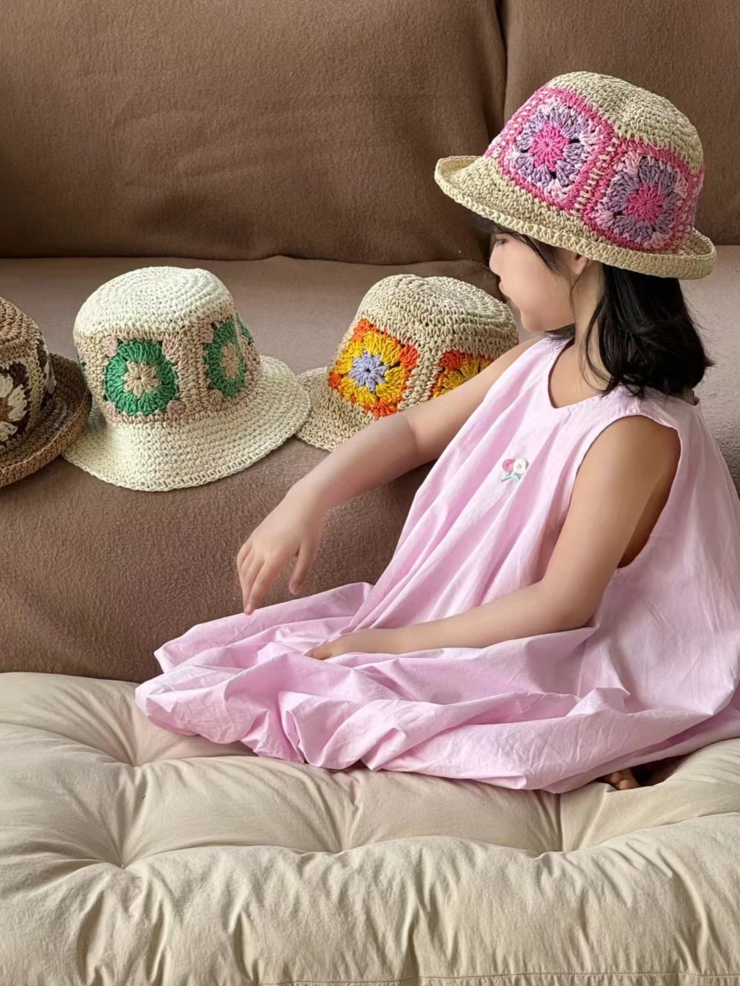 2024 New Summer Beach Vacation Children Sun Hat Simple Knitted Colorful Sunflower Beach Hat