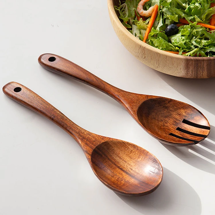 6 Pieces Wooden Spoon Set Cooking Fried Spatula and Salad Fork Acacia Wooden Kitchen Utensils Set for Non-stick pan