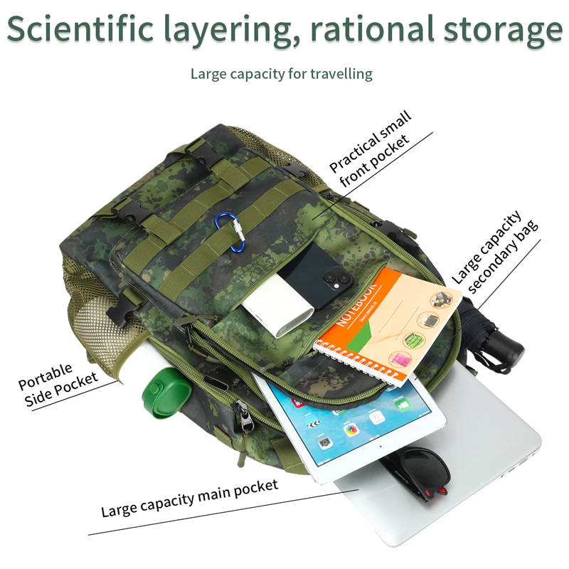Rucksack Gear Assault Pack Daypack 3 Day Bug Out Bag with Bottle Holder Camo Tactical Hunting Molle Travel Backpack