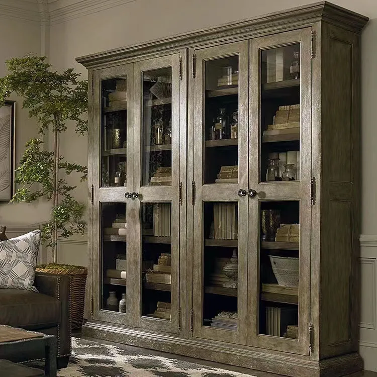 American country retro simple study with glass door solid wood display bookcase