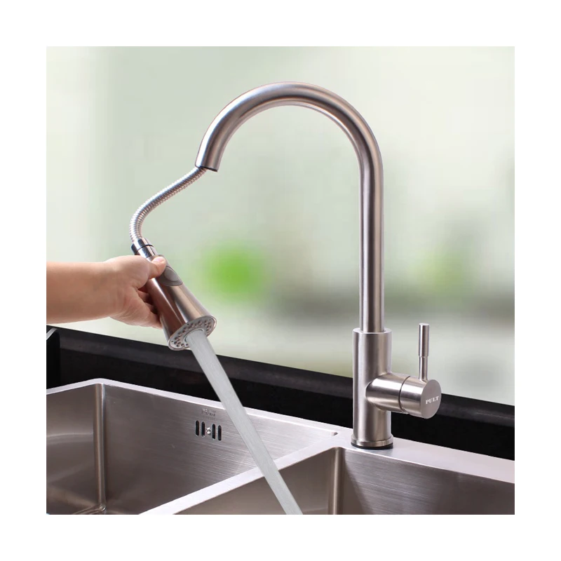 Stainless Steel Hot and Cold Water sink tap Flexible Hoses pull-out Kitchen Faucet and for single handle