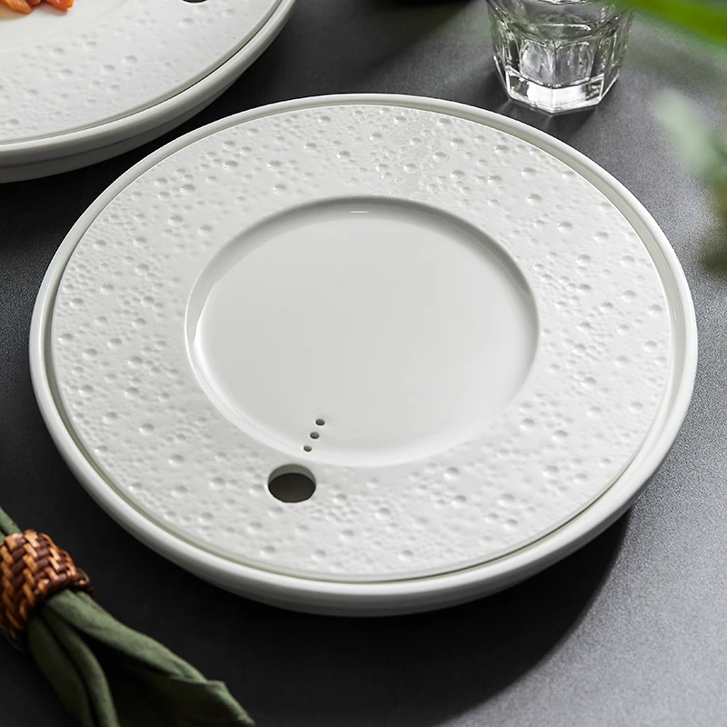 Round dry ice Sashimi Plate cutlery Creative Ceramic Seafood Salmon sashimi Fusion dish Premium dry ice plate