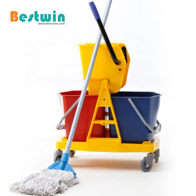 Housekeeping Cleaning Cart Janitorial Supplies Plastic Double Mop Bucket Trolley with Wringer