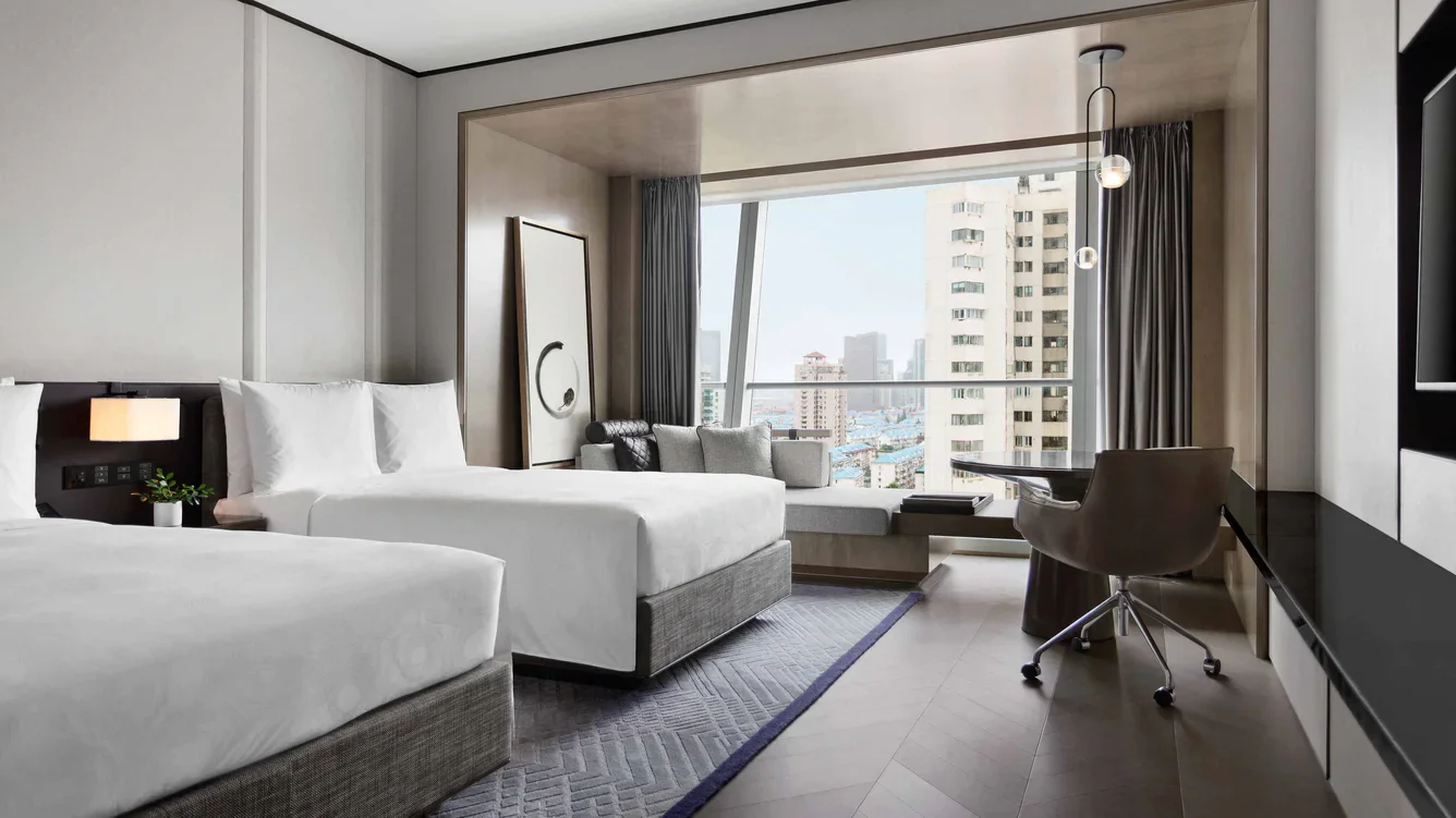 CREATION ShangHai Marriott Hotel Contemporary Design Light Grey Upholstered Fabric Bedroom Furniture For Hotel Rooms