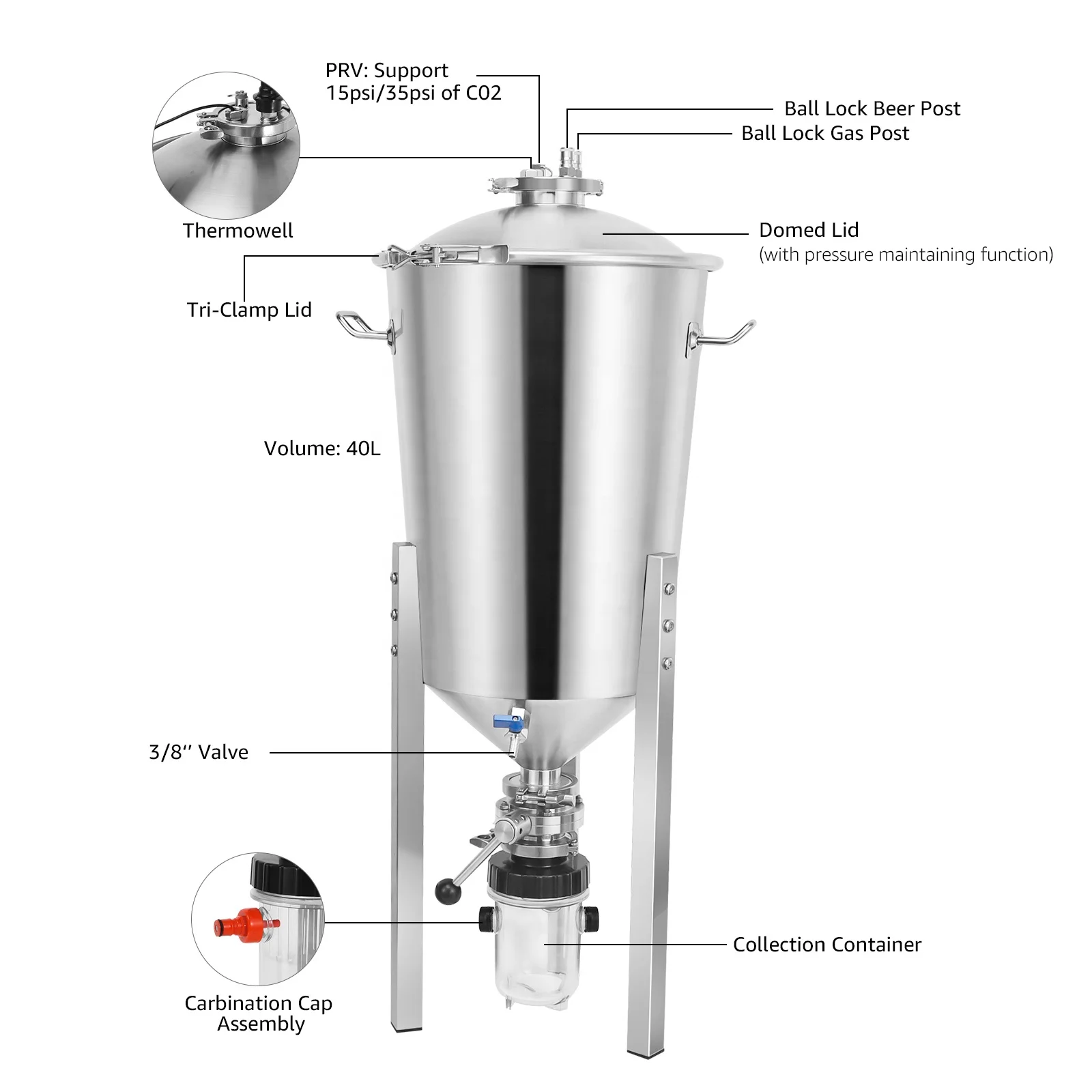 35L/ 60L stainless conical fermenter tank with Pressure Hold and Relief Valve for homebrew or Micro Brew