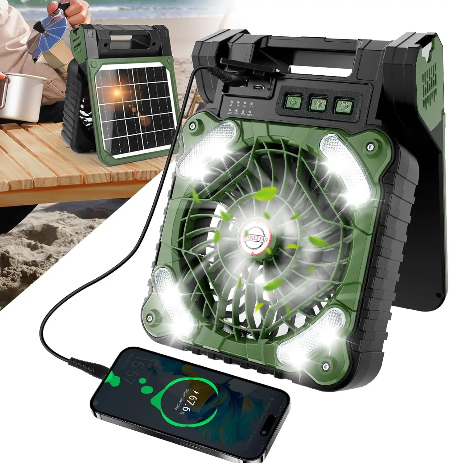 Solar Charging Fan And Power Bank In One Rechargeable Mobile Powered Lantern Floor Solar Dynamo Outdoor Fan 10Inch Table Fan