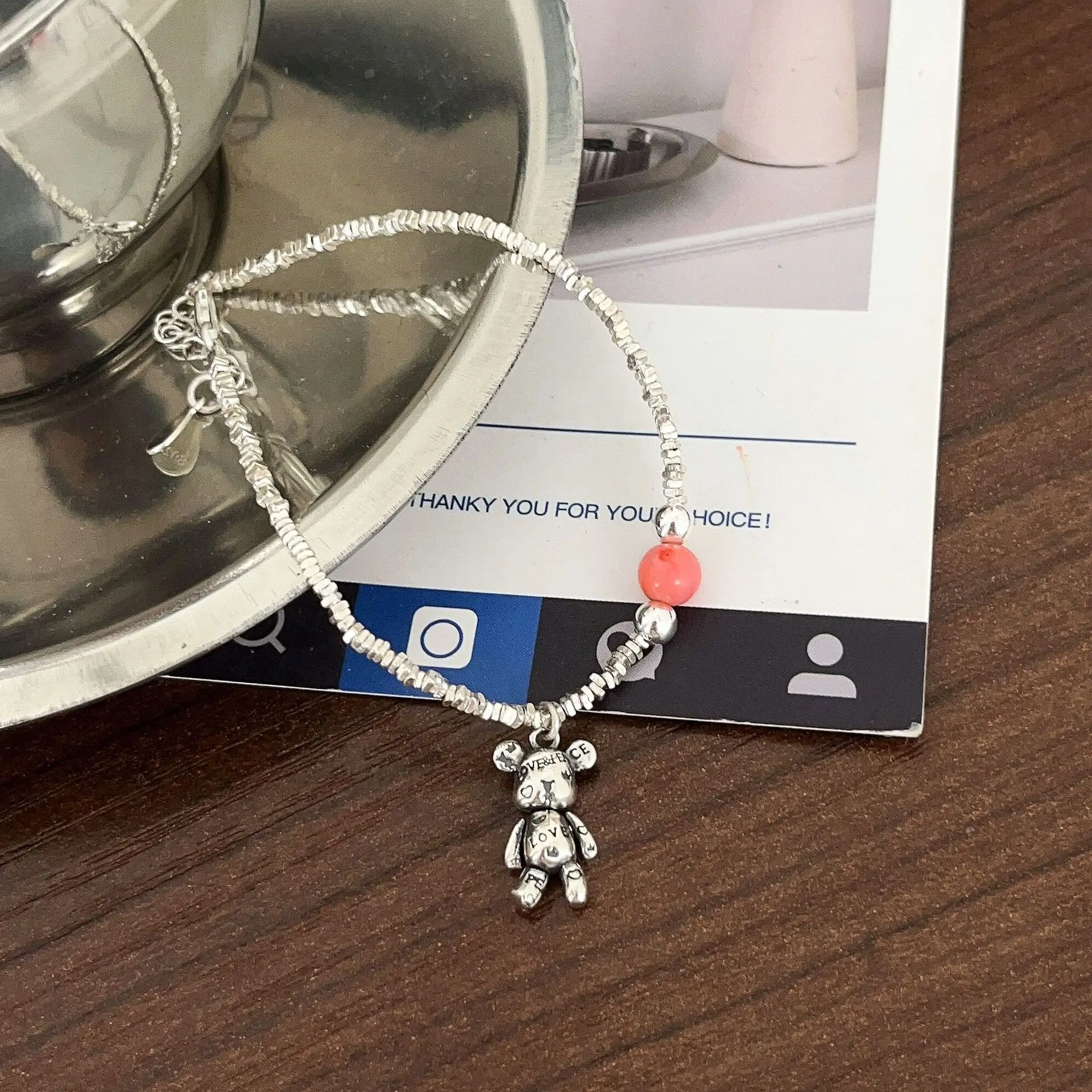 Temperament S925 Pure Silver Teddy Bear Charm Bracelet Female Style Pink Crystal Fashion Jewelry Wholesale