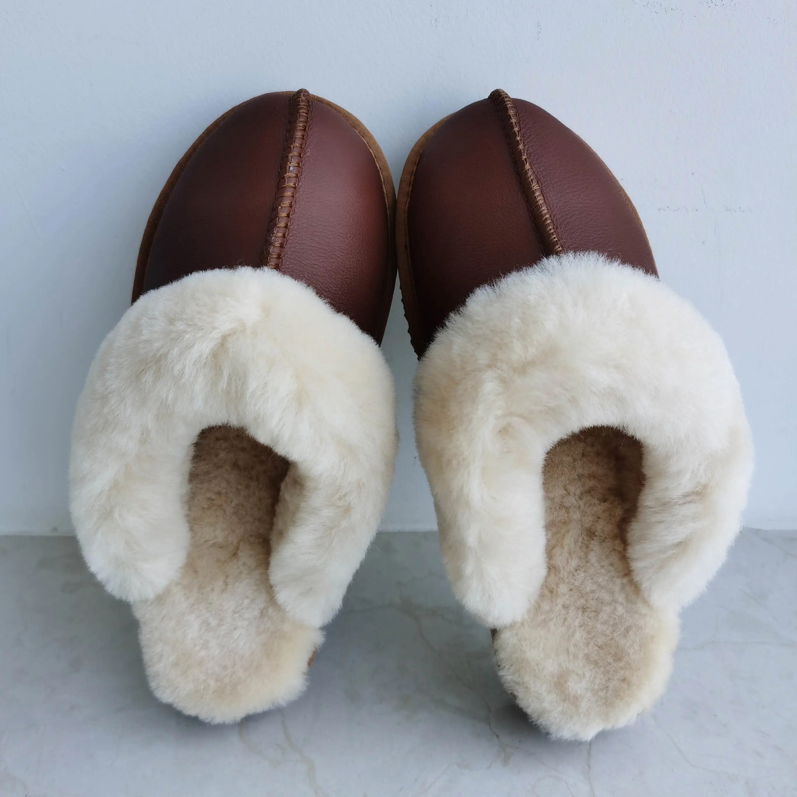 Genuine Sheepskin Fur Slippers Real Wool Shearling Real Nappa Cow Leather Winter Warm Flurry Indoor Outdoor Home Slipper