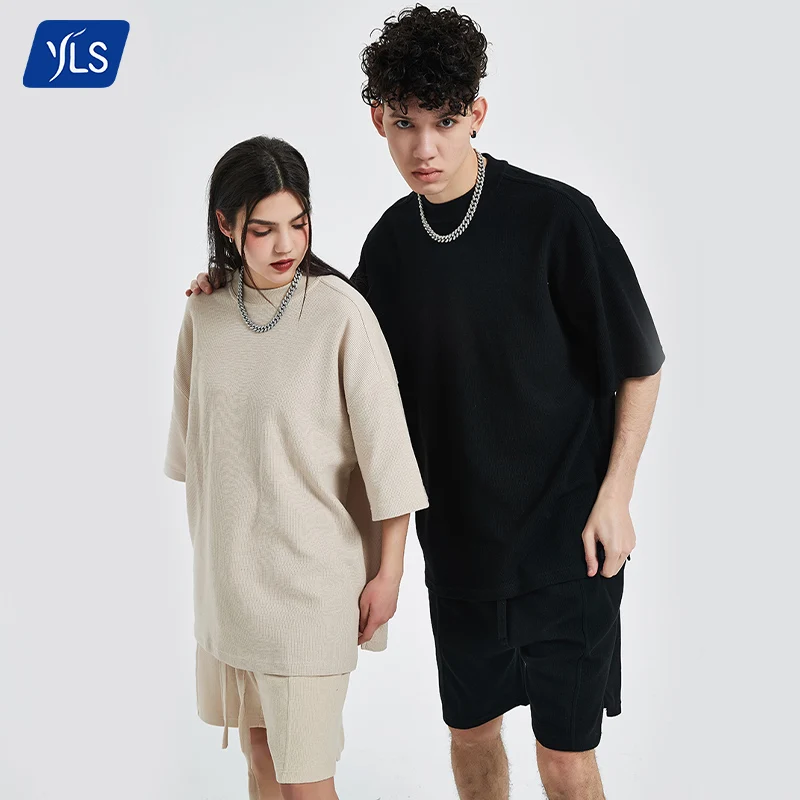 YLS Garment Custom Embossed Logo Short Sets Mens Fitness Clothing Summer Cotton Walf Checks Tee Shirt And Short Sets For Men