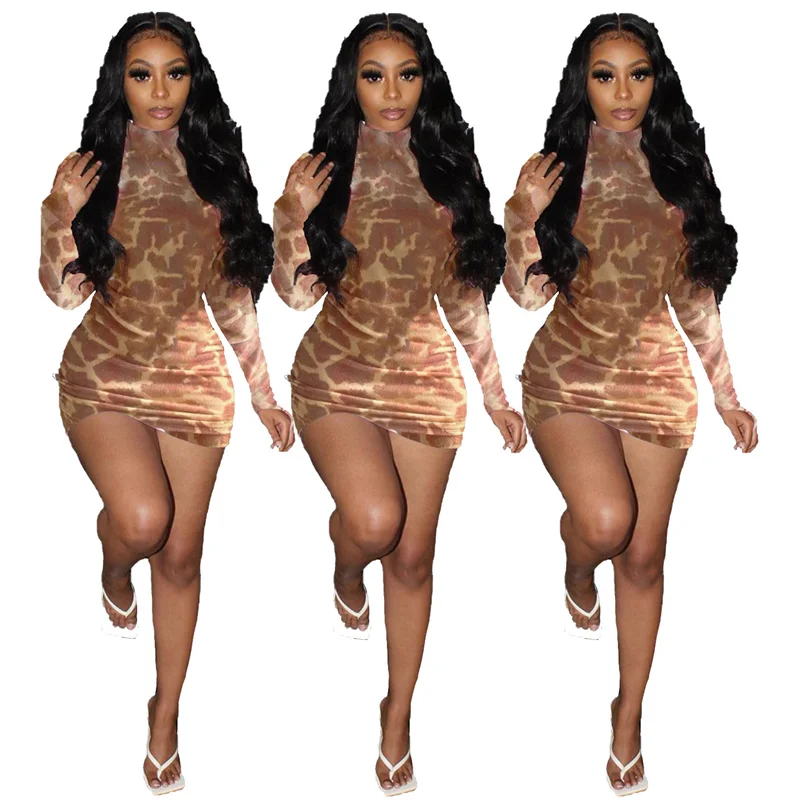 Сексуальная Женская хипстерская одежда с принтом на осень с длинным рукавом и высоким воротником облегающее вечернее Клубное платье мини