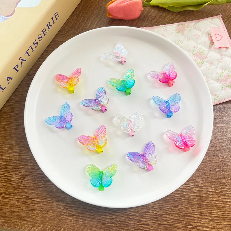 Spring and summer transparent gradient resin butterfly hairpin children's cute versatilepersonalized hairpin ribbongrosgrain