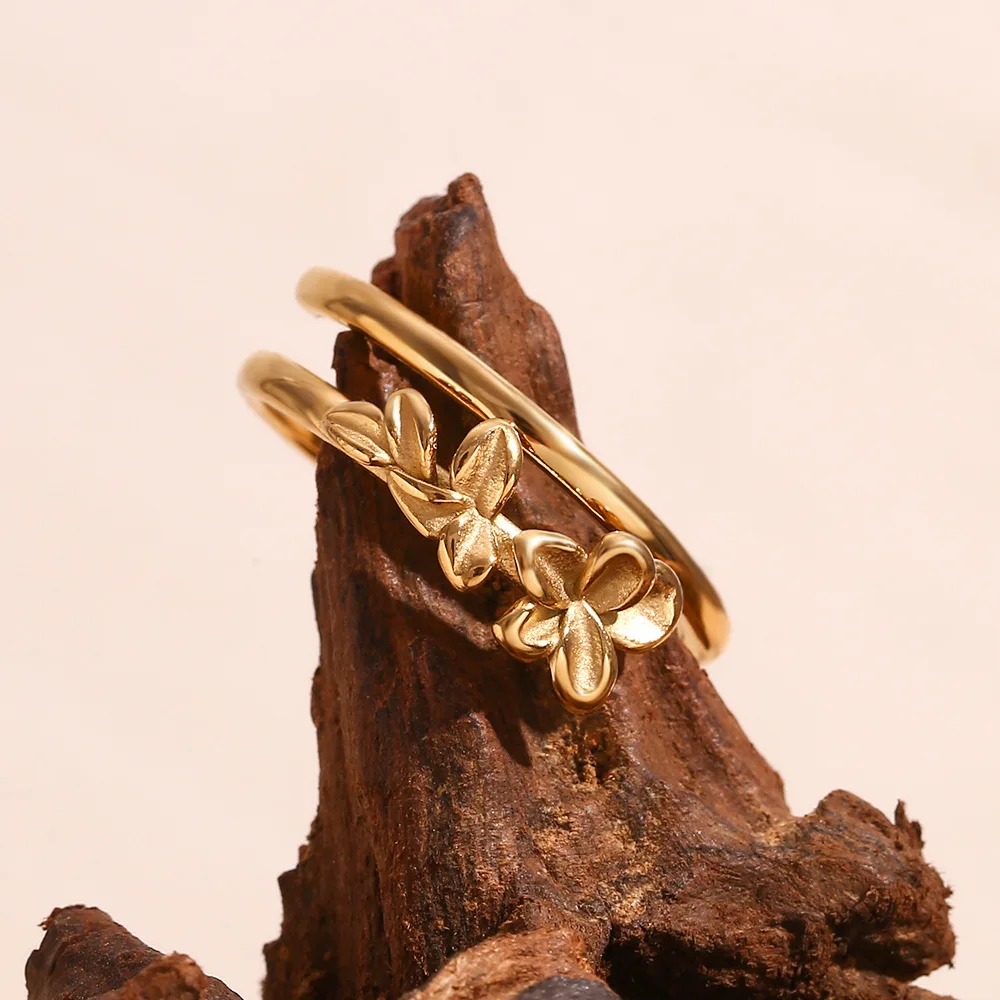Нежное 18-каратное золото Двухслойное тройное цветочное открываемое из нержавеющей стали водонепроницаемое и защищенное от аллергии женское Ювелирное кольцо
