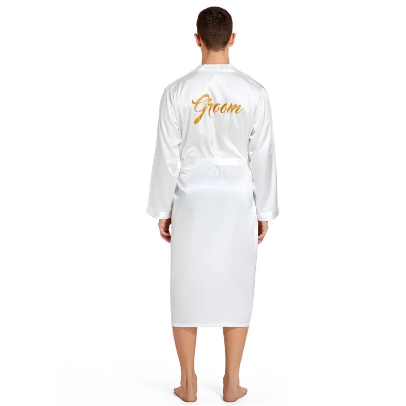 Wholesale men spring and autumn long home robe back hot gold groom wedding cardigan  Ice silk satin nightgown