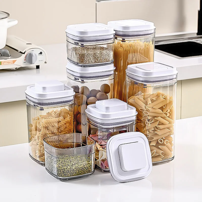 Transparent Push Button Lid Square Sealed Food  Pop Up Storage Kitchen Containers With Airtight Lids