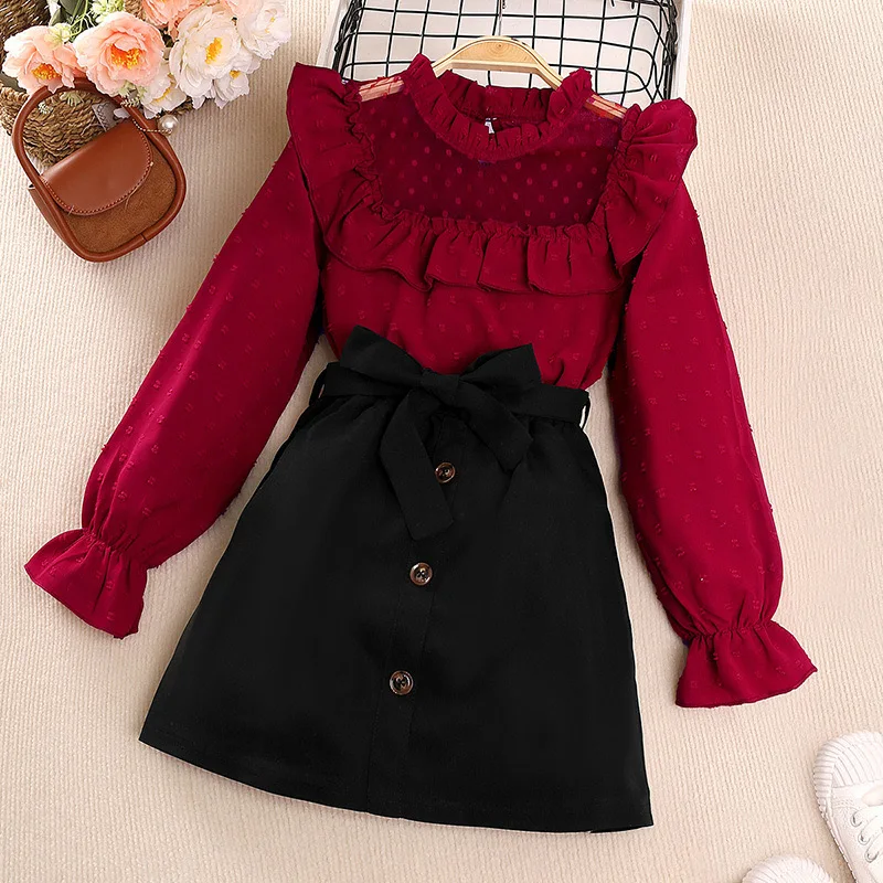 Girls Outfit Set Kids Child Long Ruffled Sleeve Nylon Lace Patchwork Tops Solid Skirt 2Pcs Outfits Set For 10-12 Years.