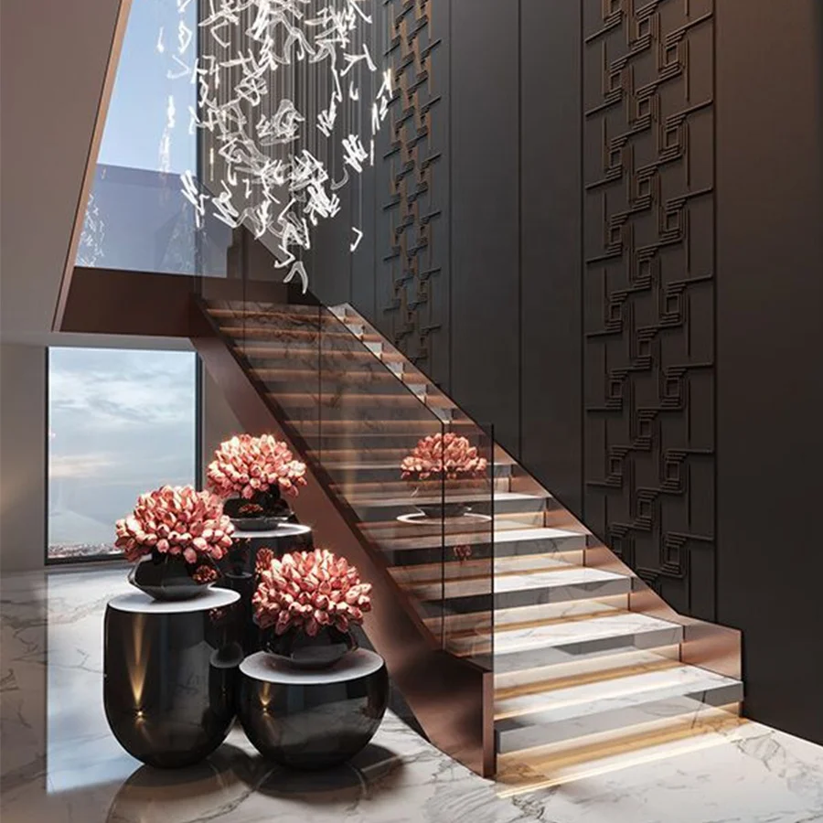 Steel Structure Staircase With Ultra Clear Tempered Glass Railing Stainless Steel Handrail Marble Step Stair