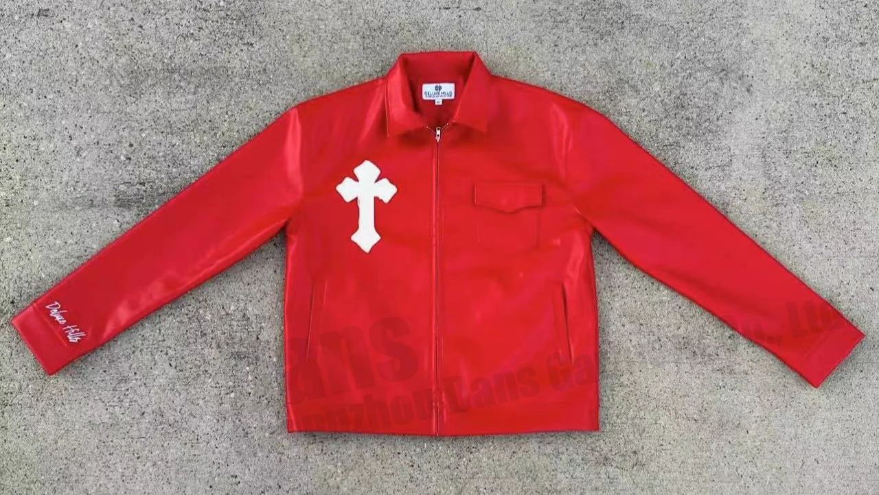 Mens Streetwear Zip Up Pu Lapel Latest Design Coat Custom Patches Embroidery Applique Logo Leather Long Sleeve Jacket For Men