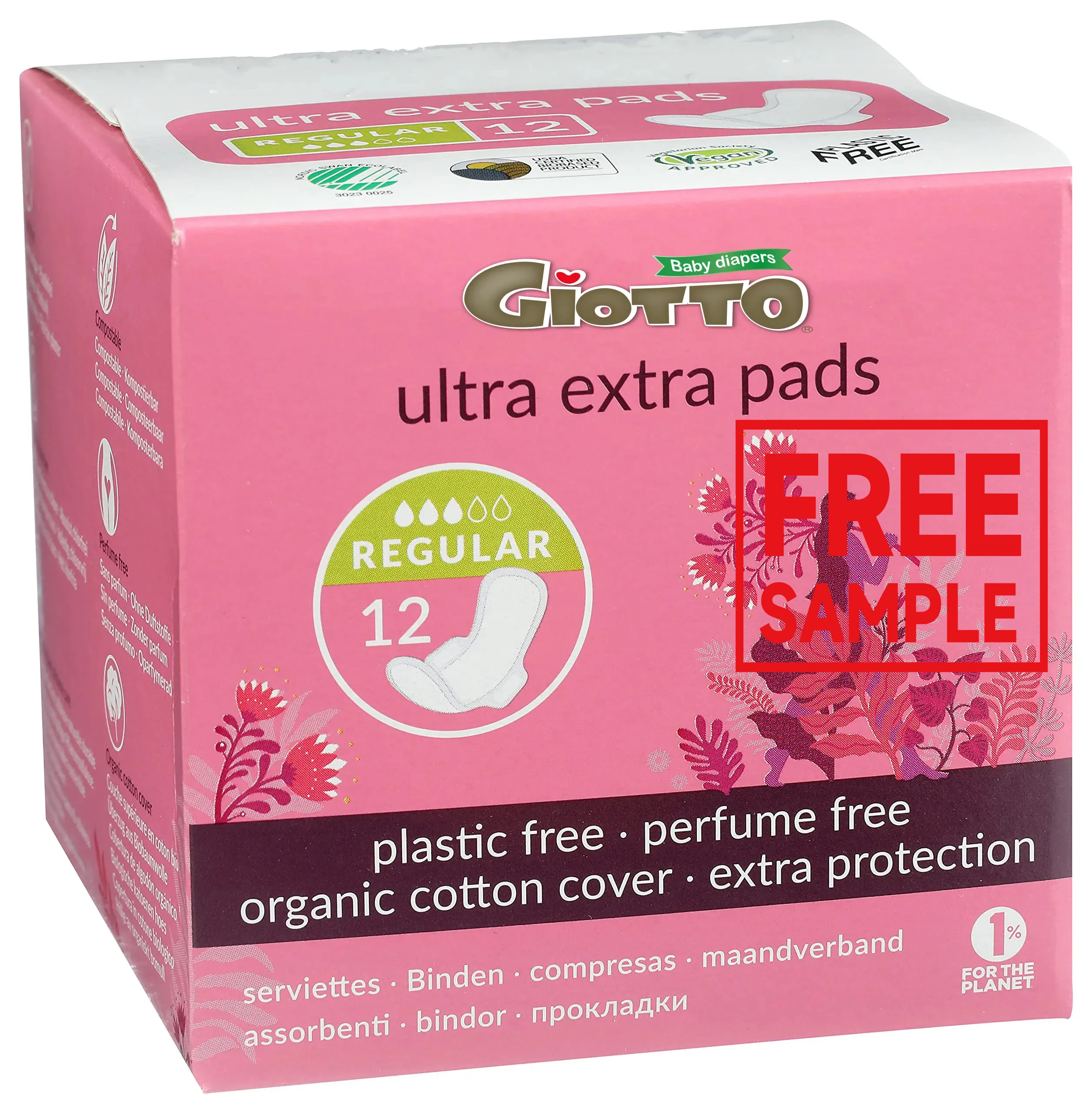 GIOTTO обычный, индивидуально упакованный, изготовленный из сертифицированного органического хлопка, экологически сертифицированного растительного крахмала, 12 прокладок