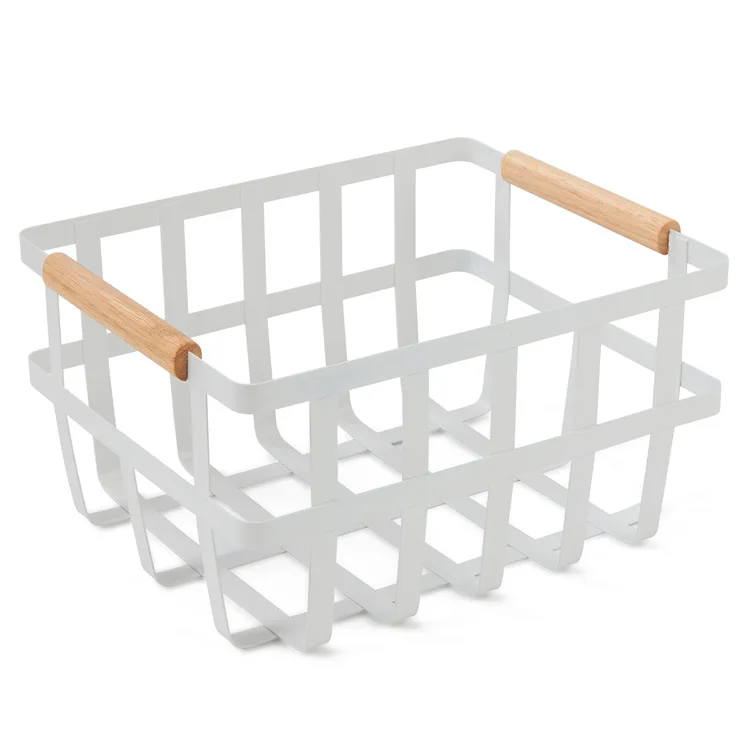 Modern Design White Wire Storage Organizer Baskets with Wooden Handles Household Kitchen Use Metal Food Basket