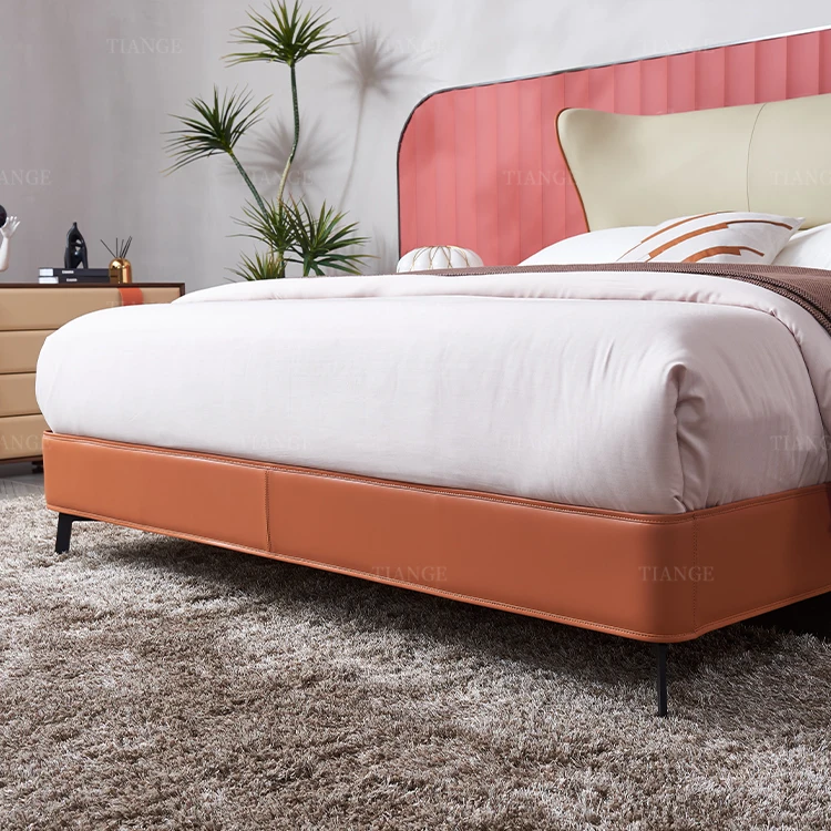 Italian luxury wooden frame bed couple 1.8m King size bed metal leg bed with soft headboard