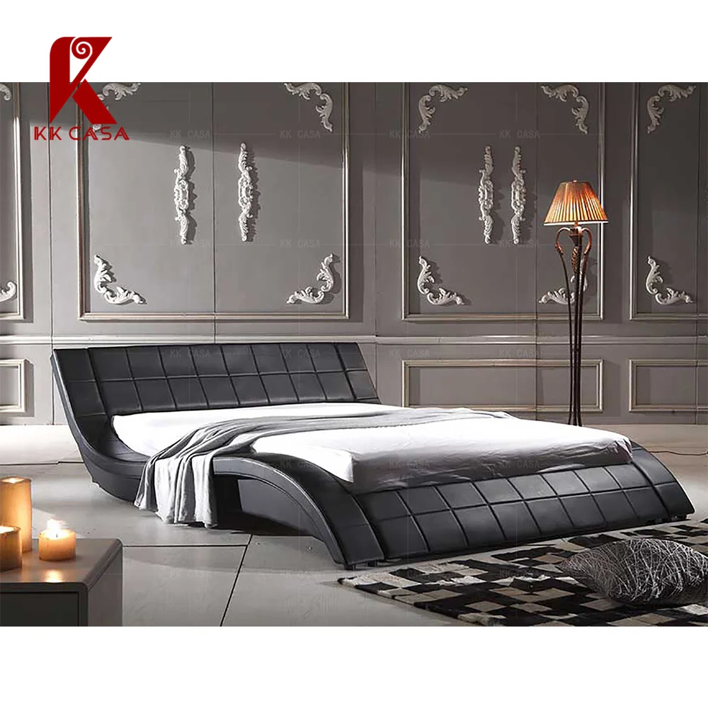 Competitive Price morden queen size Genuine leather wave shape double bed for bedroom furniture