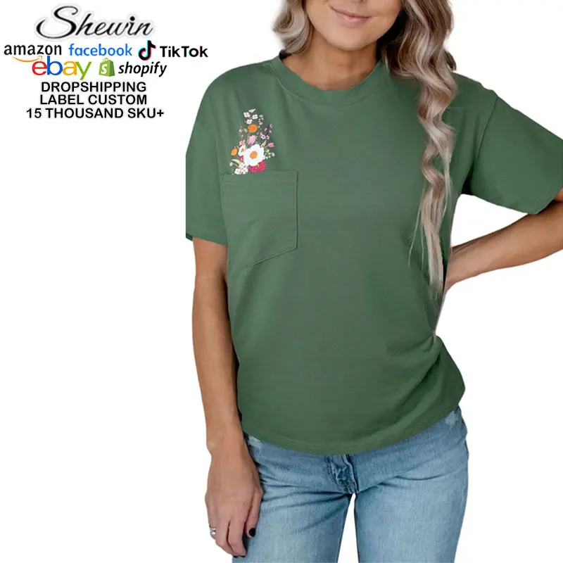 Wholesale Floral Print Pocket Short Sleeve Crew Neck Women Cotton Vintage T Shirt