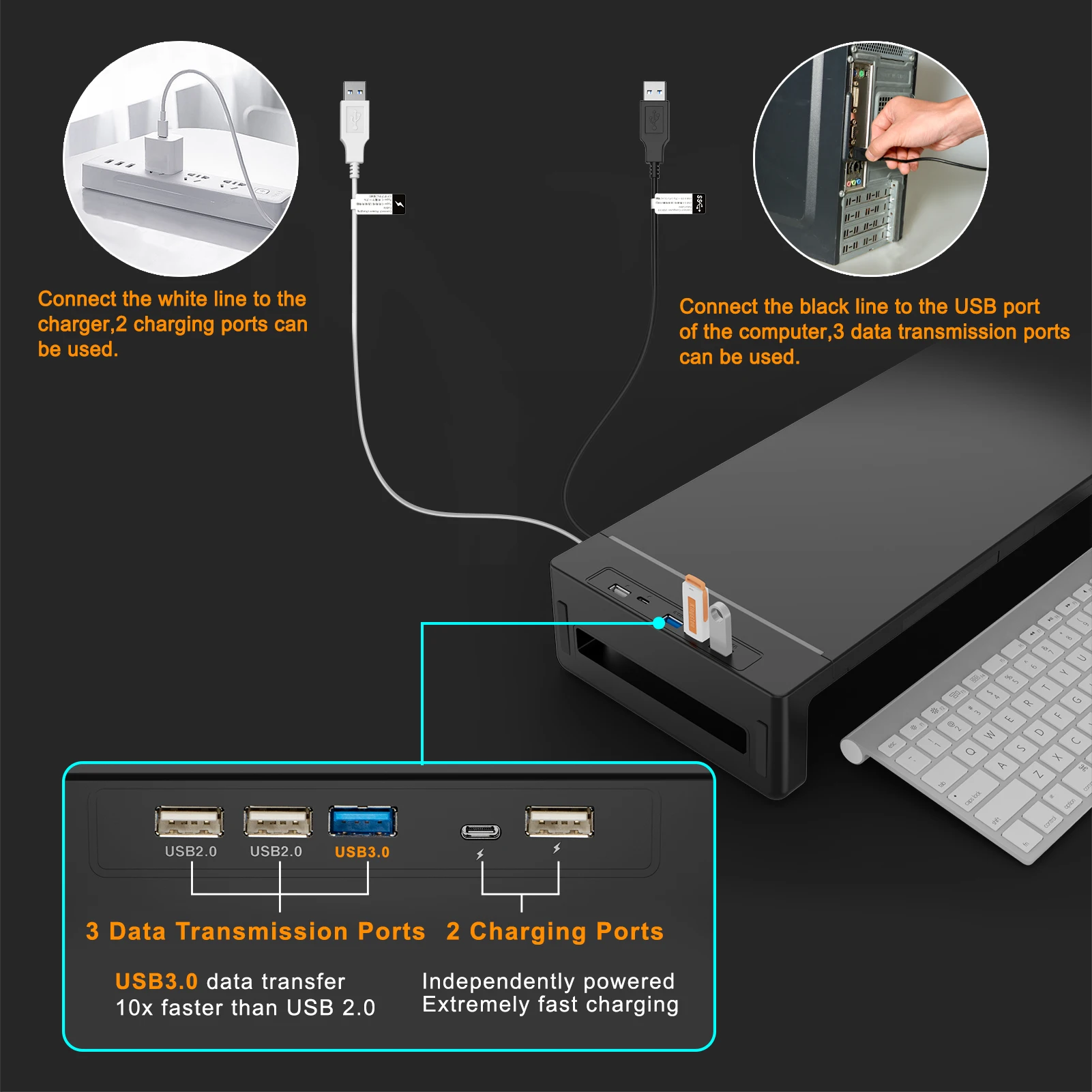 New Monitor Stand USB-C Hub with drawer Mobilephone Holder 5 in 1 Foldable Laptop Stand USB3.0/2.0 Type-c charging Data transfer