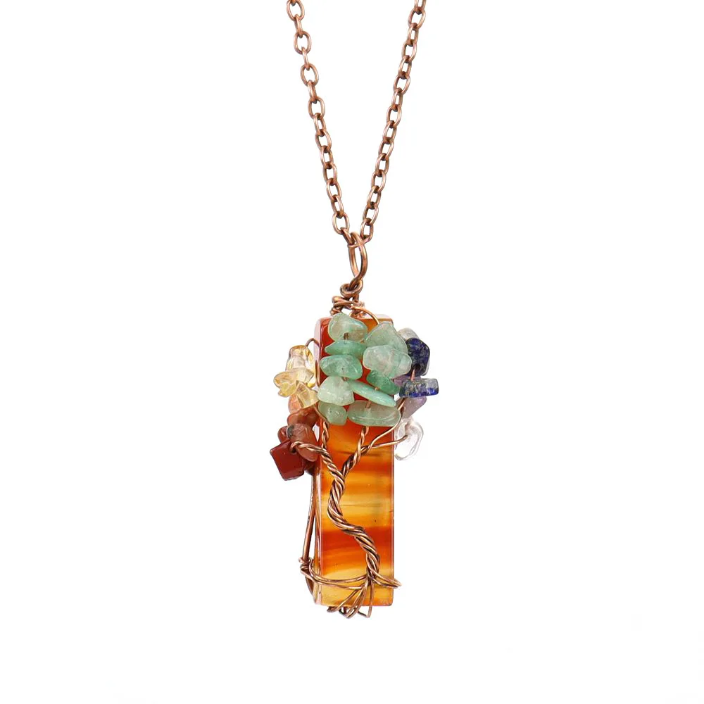 CELION Natural Chakra Tree of Life Wire Wrapped Clear Quartz Healing Crystal Column Six Prisms Gemstone Necklaces