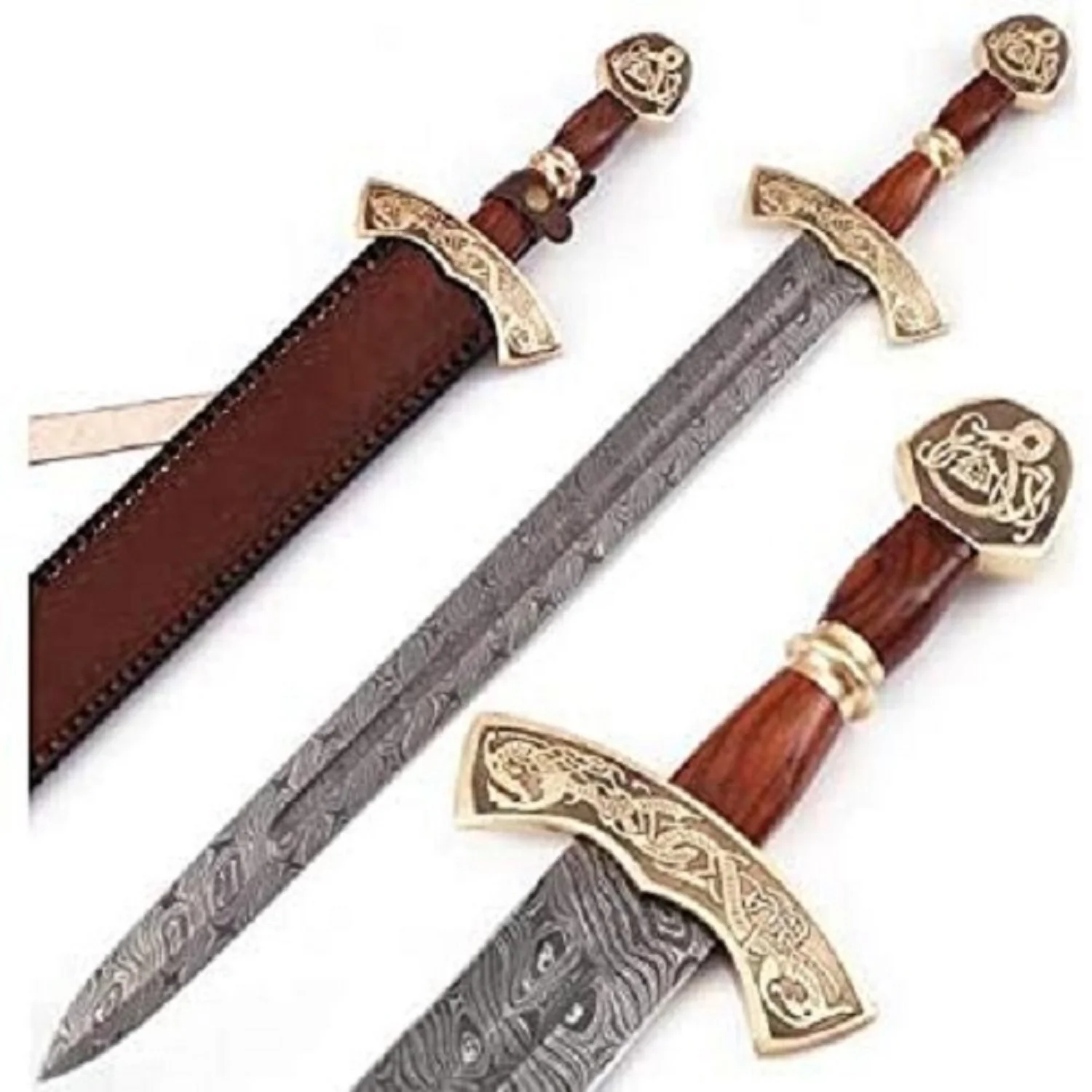 
Custom Handmade Damascus Steel Viking Style Sword Double edge Gladius With Leather sheath camping sword 