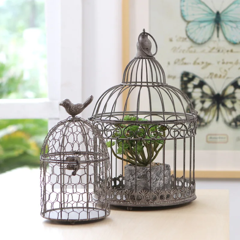 Vintage Cream Round Metal Bird Cage Planter for Decorative Lantern