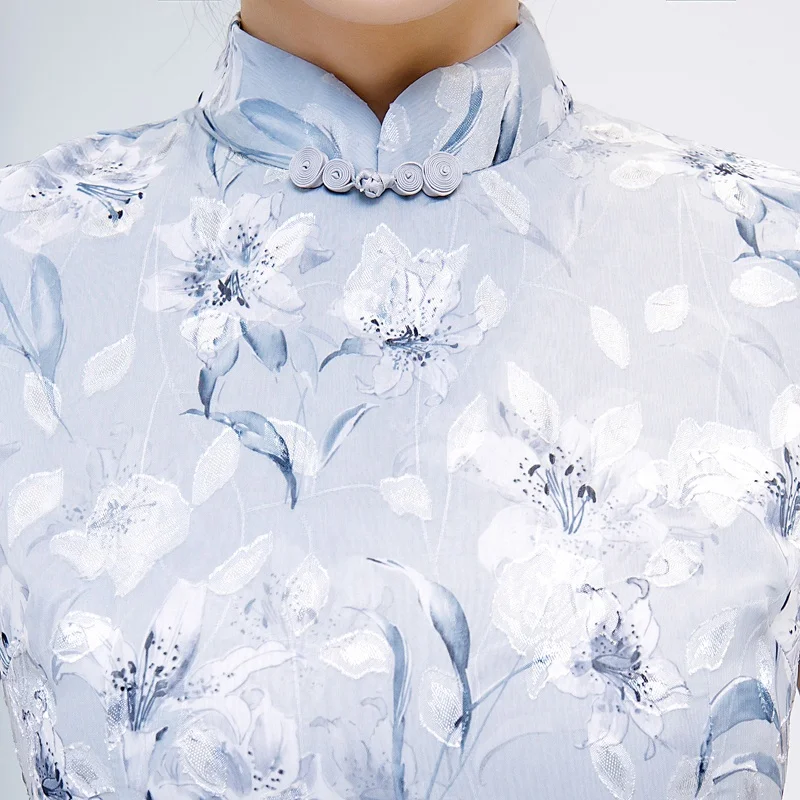 Китайский современный модный Чонсам новейшего дизайна, длинное расклешенное платье-Ципао с цветочным узором, шифоновое платье с коротким рукавом для женщин