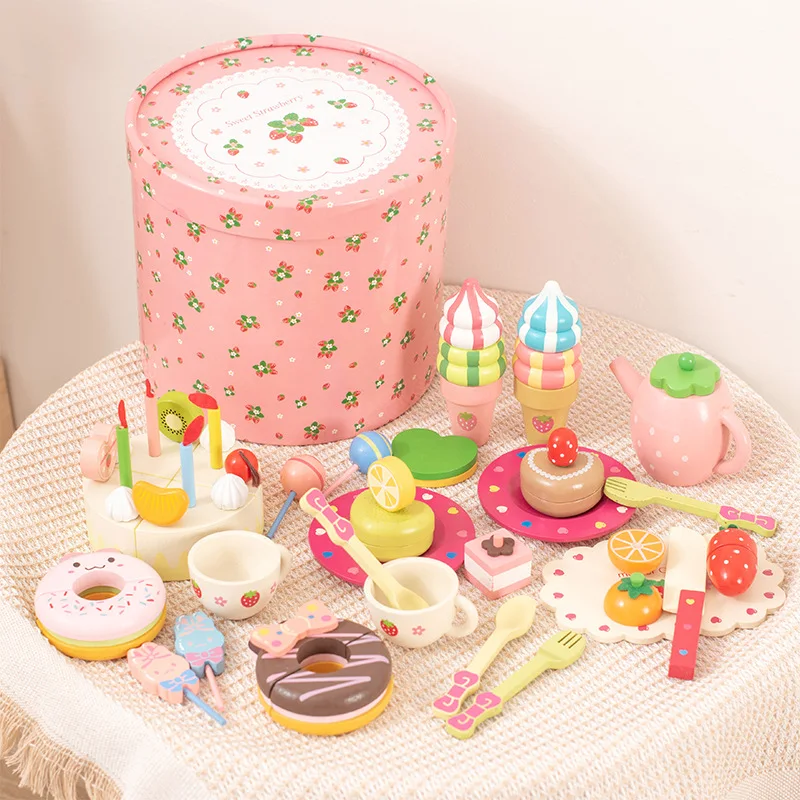 2023 New Baby Wooden Pink Barreled Pretend Rabbit Dessert Game Educational Birthday Cake Gifts Kitchen Toys for Girls