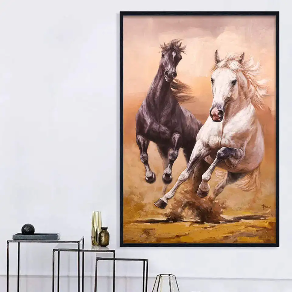 Hotel Decor Large Size Animal Running Classical Orange Horse Race Art Handmade Oil Horse Painting