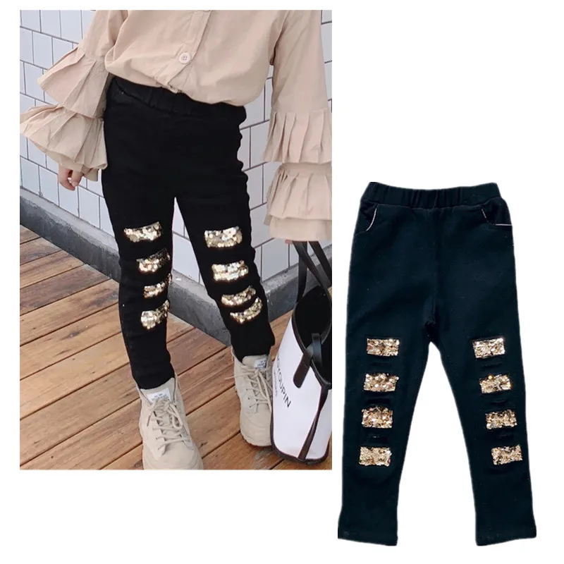 2021 Fashion Children Girl Sequins Hole Pencil Pants Newborn Baby Elastic Leggings