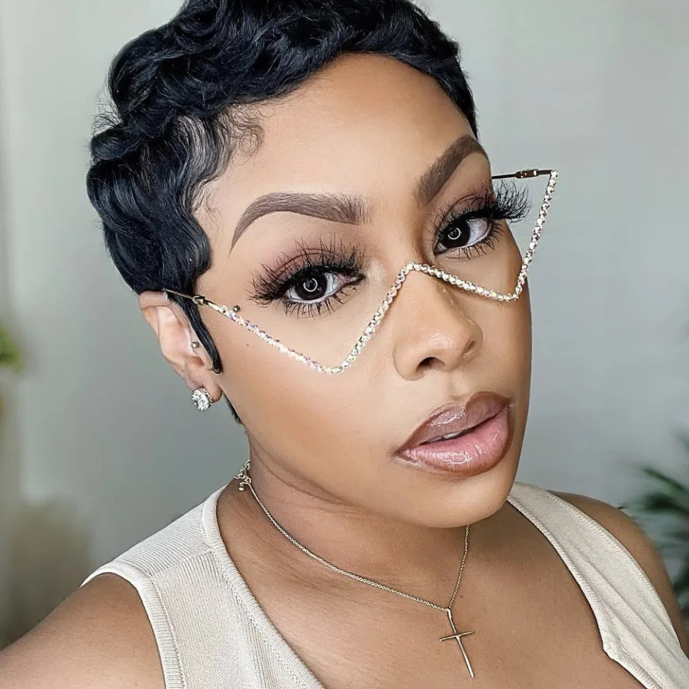 Creative And Personalized W Shaped Half Frame Without Lenses Fashionable Metal Inlaid Diamond Eyeglass Frame