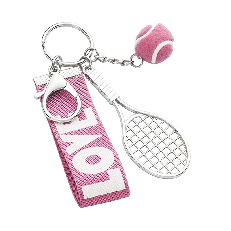 Fashion mini tennis racket key chain tennis ball pendent key ring ribbon lanyard letter