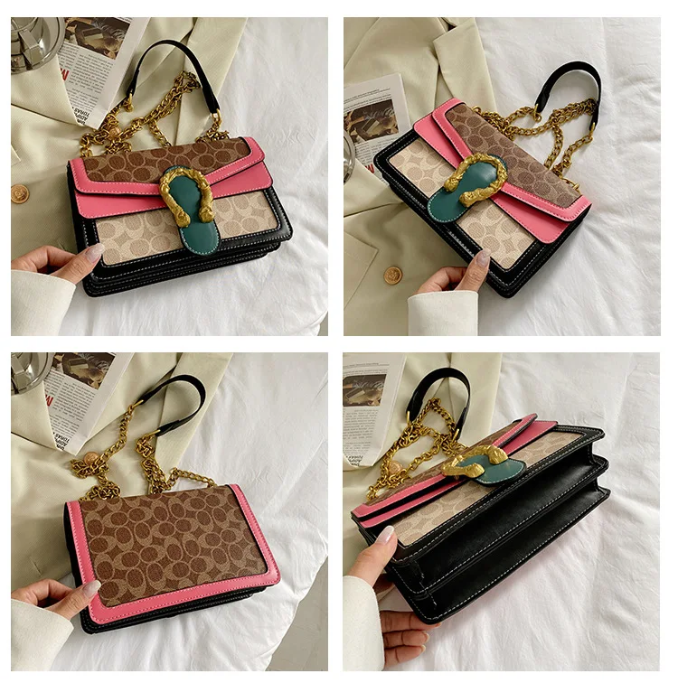 Trend ladies side bags for girls shoulder chain,Vintage square stainless steel gold chain bag