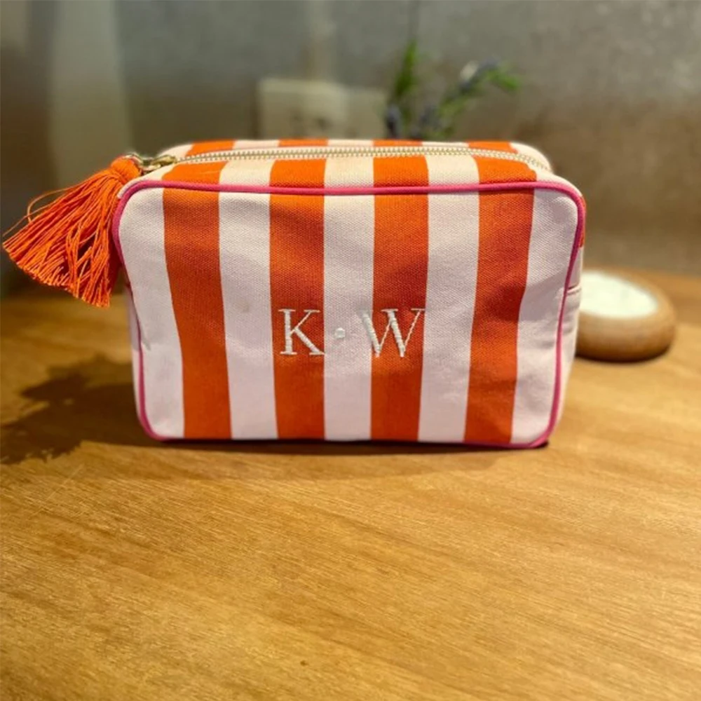 Embroidery Customization Stripes Canvas Natural With Tassel Cosmetic Pouch Makeup Bag