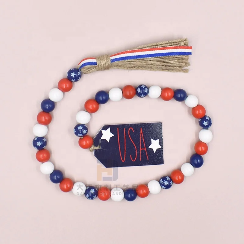 Wholesales 4th of July Red White Blue Patriotic Wood Bead Garland with Tassels USA Tag for Independence Day Decoration Memorial