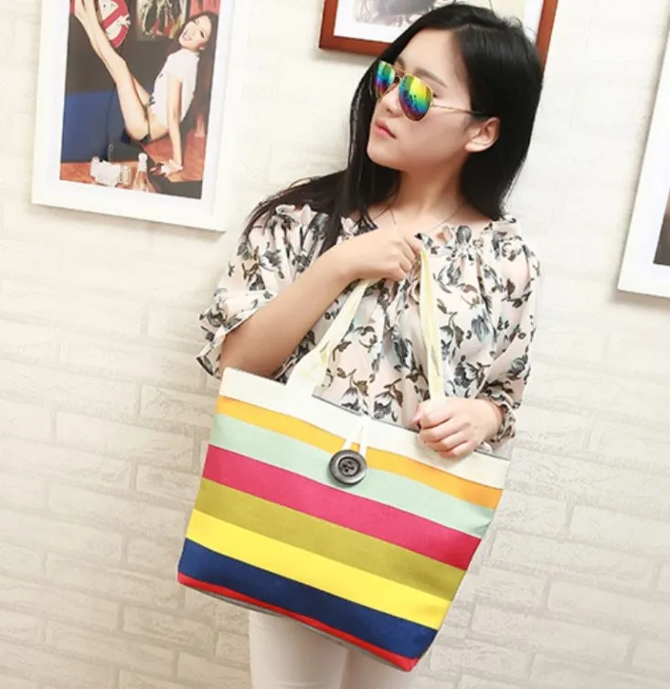 2024 Hot Sell New Colorful Canvas Tote Shopping  Handbag Stripe Shoulder Bags
