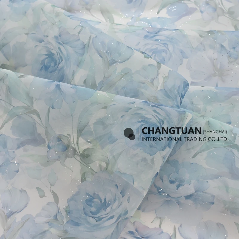 Wholesale High Quality Organza Fabric Shiny Silver Power Big Floral Printed Organza Fabric