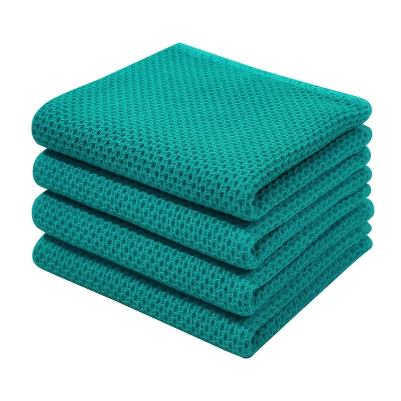 Ultra Soft Absorbent Quick Drying Cleaning Towel, 13x28 Inches, 4-Pack, Teal 100% Cotton Waffle Weave Kitchen Dish Towels