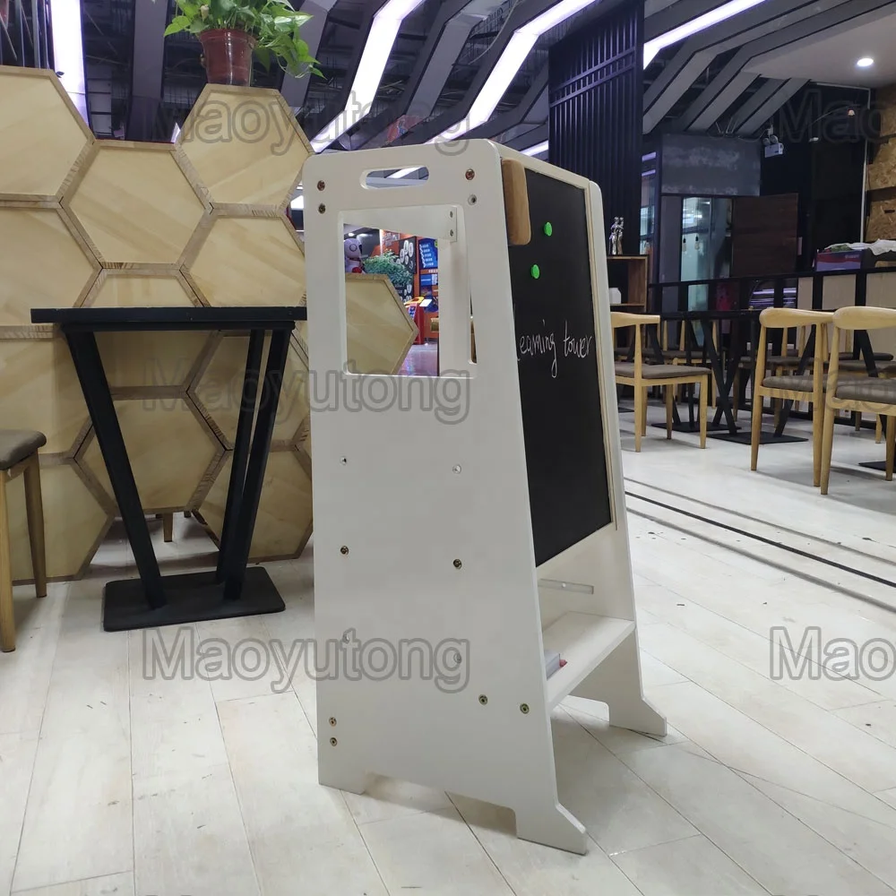 Plywood children play toddler step ladder kitchen cook helper learning tower with chalkboard