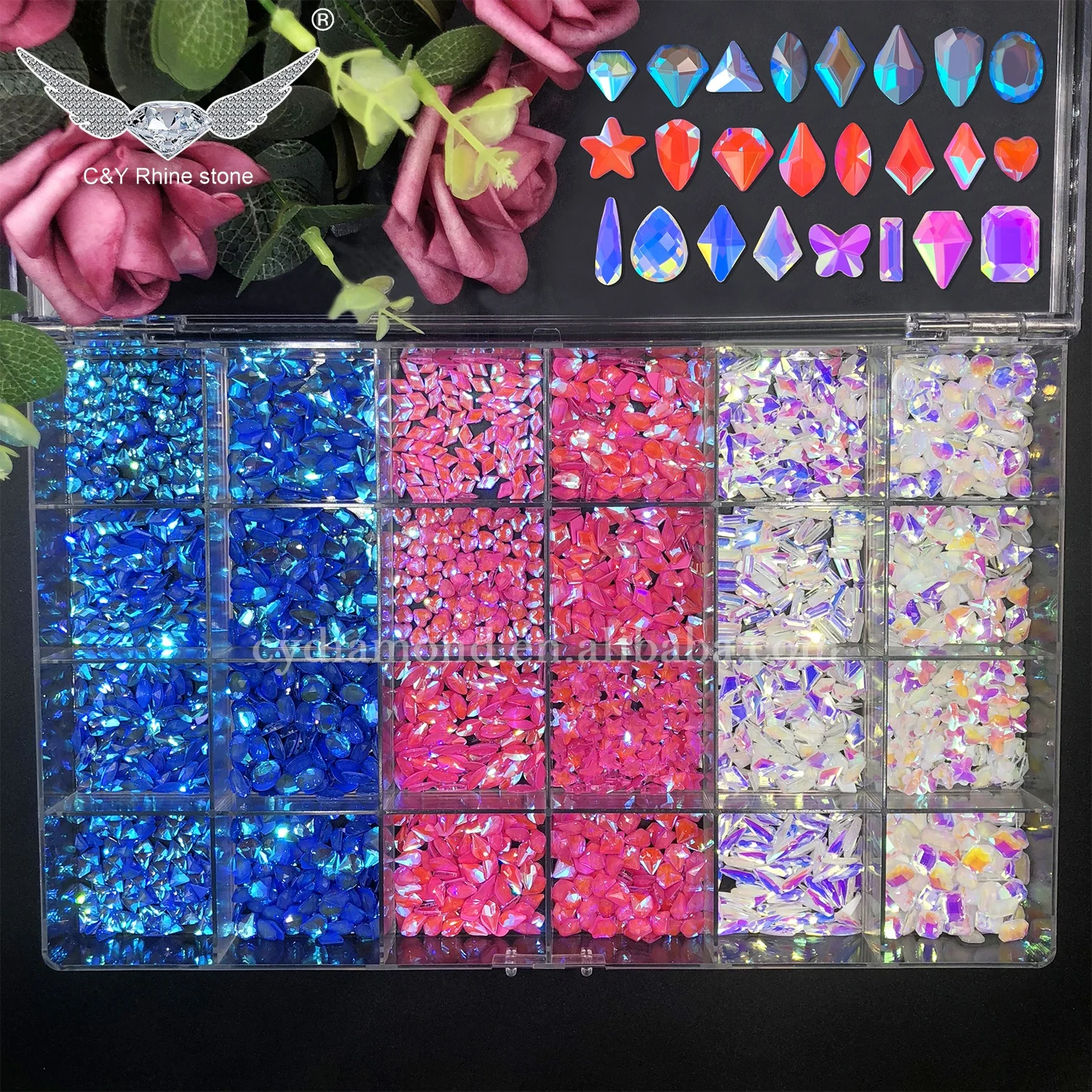 N2 Bling Blue Pink AB Mocha Shaped Crystal Glass Rhinestone Box For Nails White Stones Nail Rhinestones