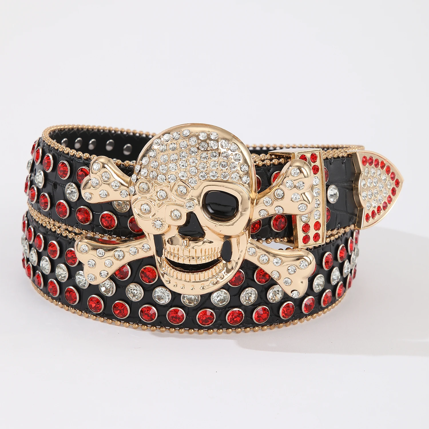 Luxury Western Cowboy Studded Rhinestone Red Rockstar Removable Skull Buckle Cheap PU Leather Bling Bling Rhinestone Belt Men