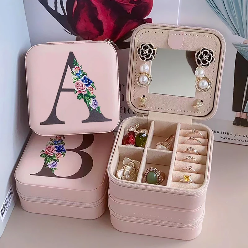 26 Initial Letter Flower Jewelry Organizer Box with Mirror for Women Birthday Gifts Small Travel Jewellery Storage Case