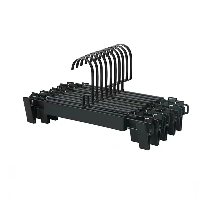A large number of brands customize the production of logo black solid wood clothing pants rack with hanging clip skirt hanger